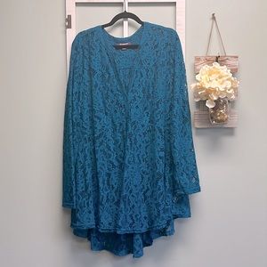 Roaman’s Turquoise Lace Long Sleeve Blouse with Empire Embellished Waist.